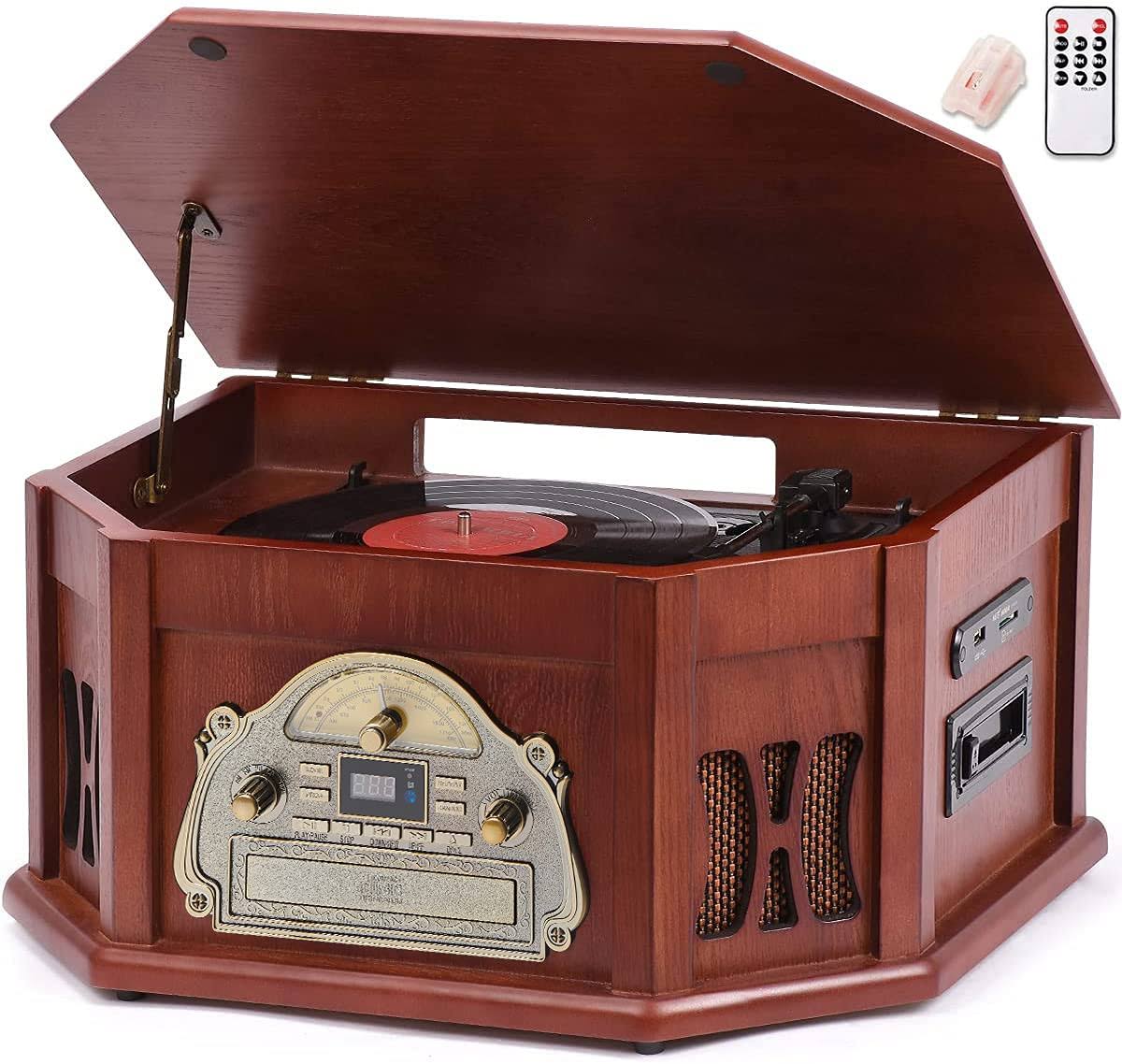 10-In-1 Record Player, Nostalgic Turntable For Vinyl Record With Bluetooth, 2 Built-In Speakers, Cd, Cassette, Am/Fm Radio, Usb, Sd Slot,