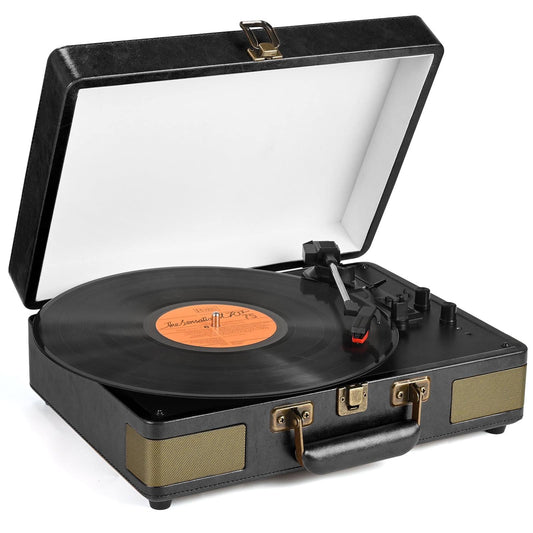 Vinyl Record Player 3-Speed Turntable With Bluetooth, Suitcase Portable Vintage Audio Turntable With Built-In Speakers, Black