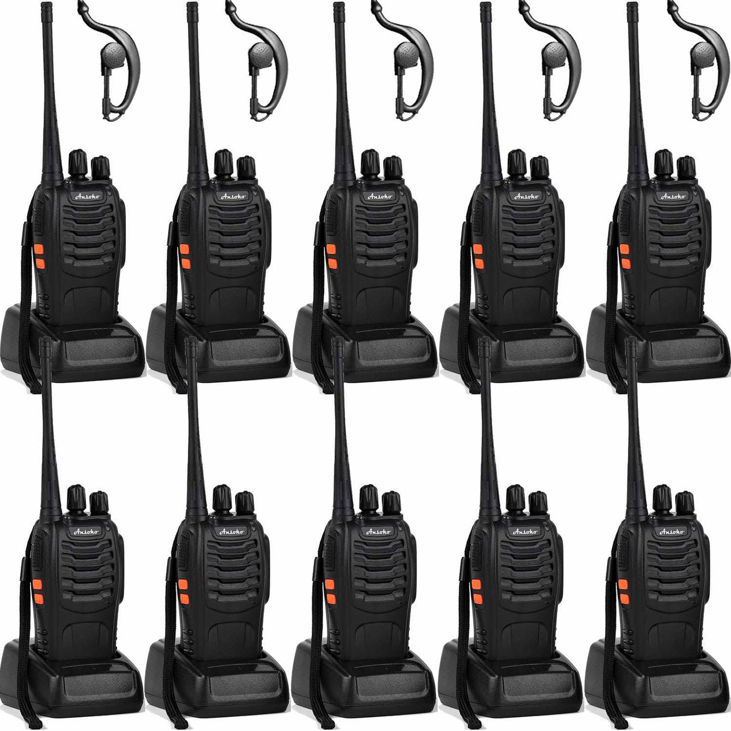 Walkie Talkies Rechargeable Long Range Two Way Radios 16 Channel With Earpiece Battery N Charger (3 Pack)