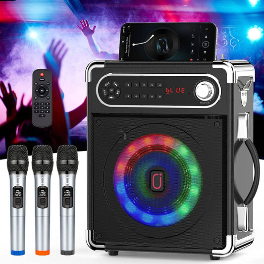 3 Wireless Uhf Microphones Karaoke Machine Set, Bluetooth Karaoke Speaker Pa System With Fm Radio And Led Light, Portable Singing Machine For Home