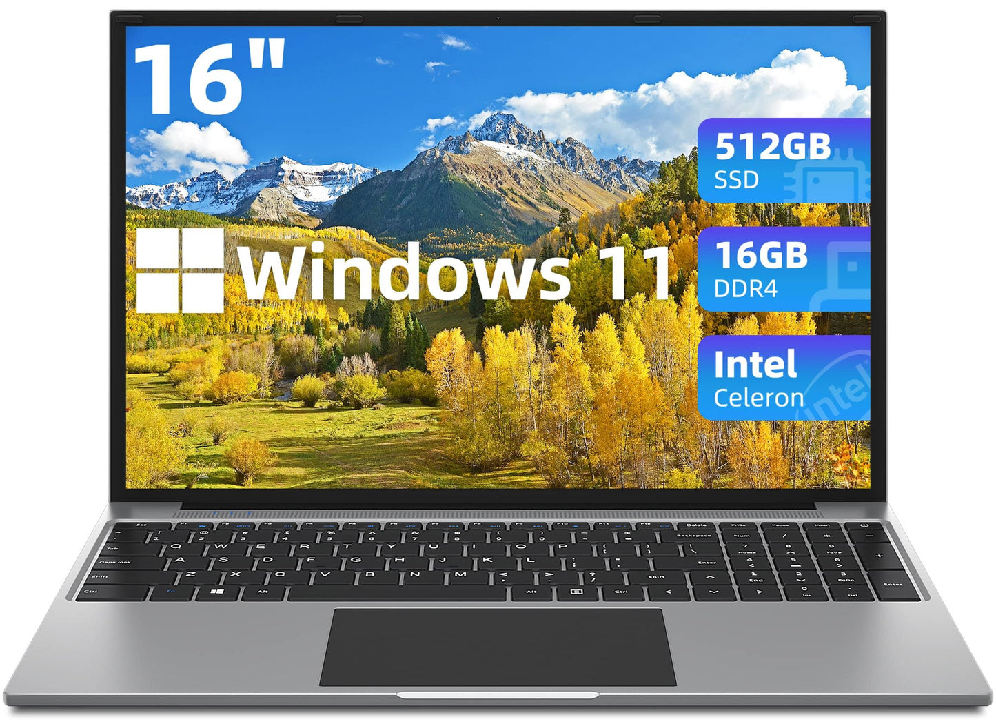 16in Windows 11 Laptop 16gb Ram 512gb Ssd Computer 4-Core Intel Celeron 19201200 Ips Screen, Gray