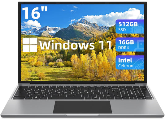 16in Windows 11 Laptop 16gb Ram 512gb Ssd Computer 4-Core Intel Celeron 19201200 Ips Screen, Gray